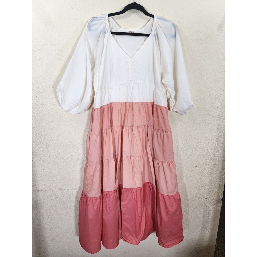 Reba Womens Dress Large L Pink White Colorblock Tiered Puff Sleeve Boho Pockets